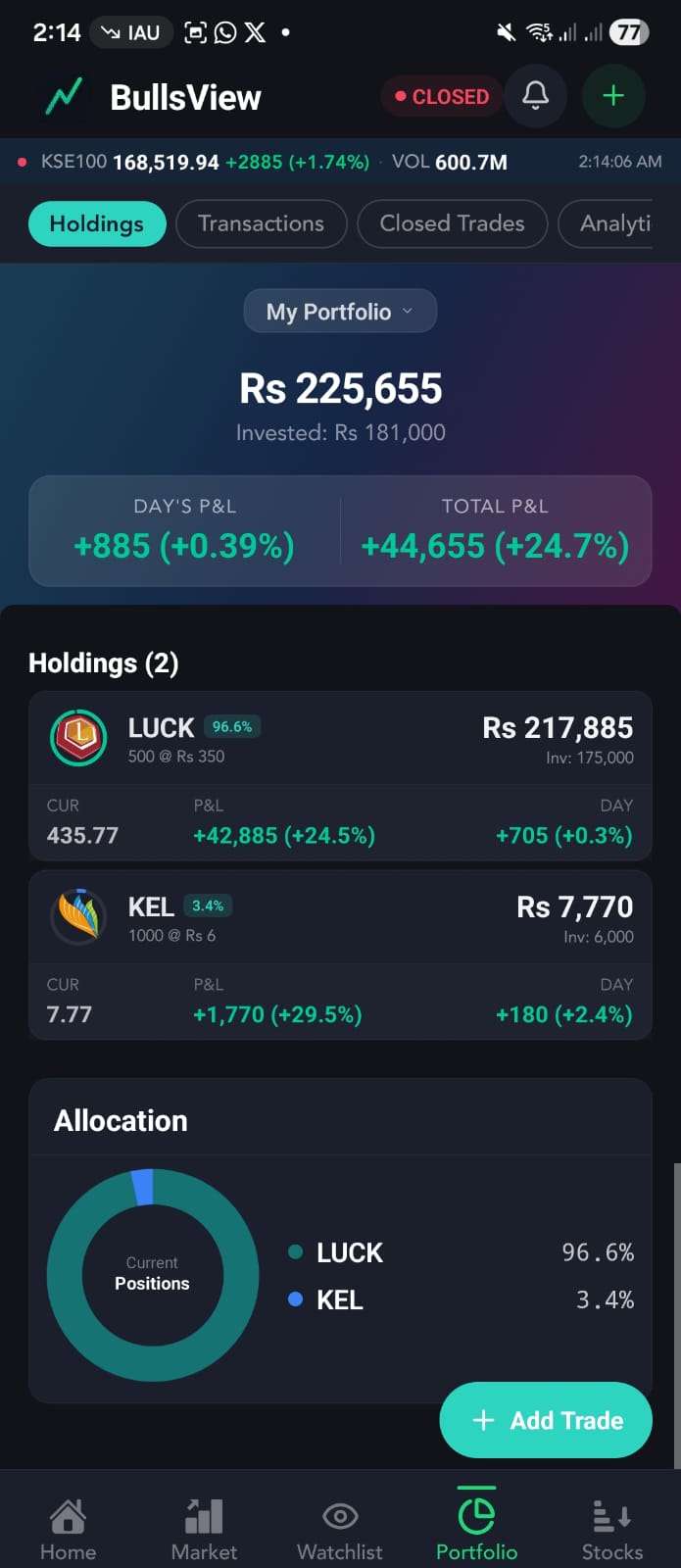 Portfolio with holdings and P&L